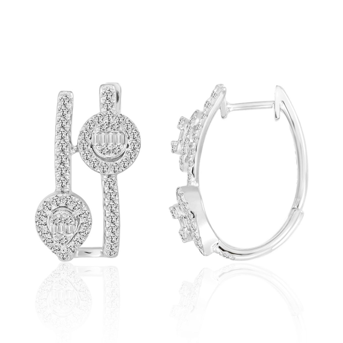 14K WHITE GOLD 1CT ROUND/BAGUETTE DIAMOND LADIES HOOPS EARRINGS