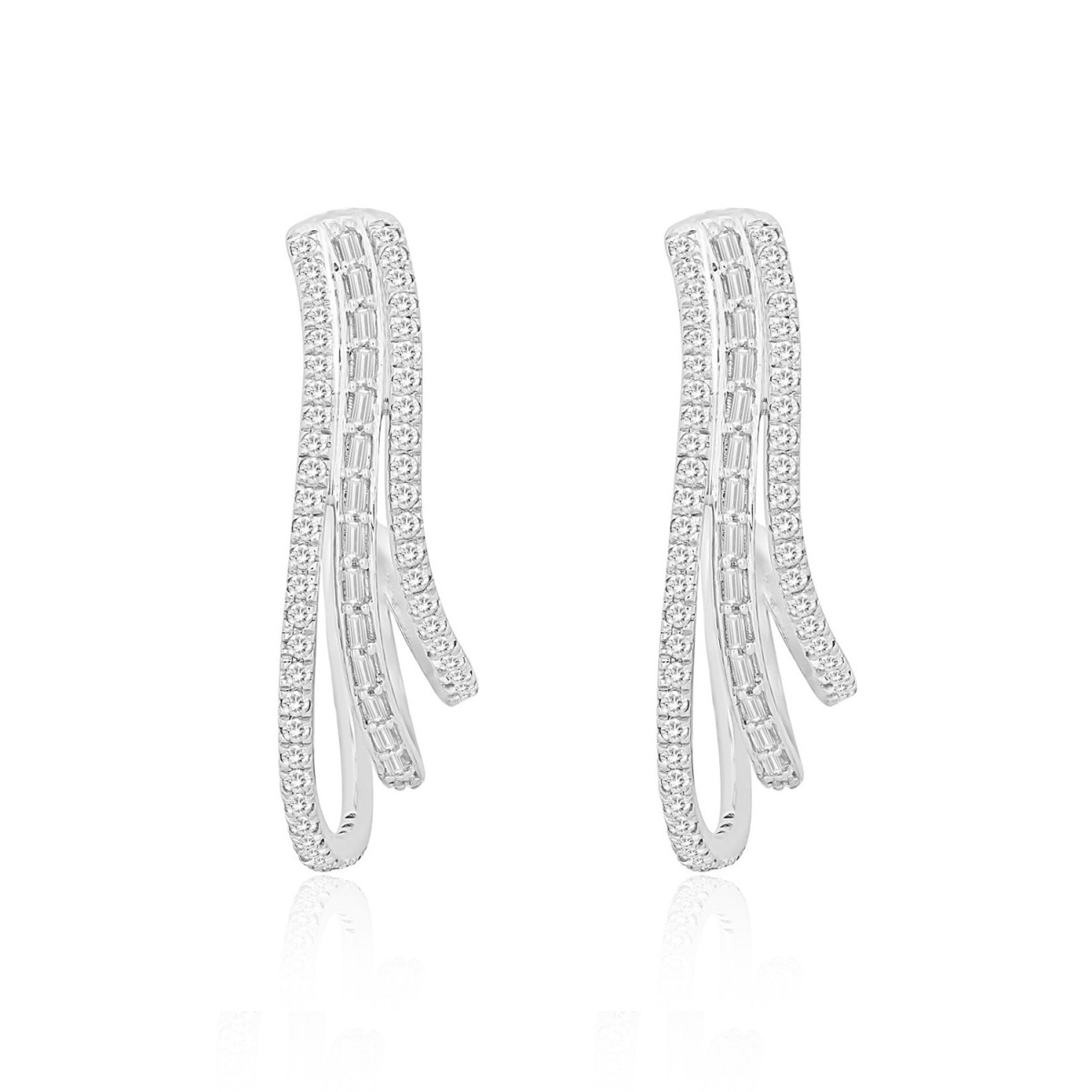 14K WHITE GOLD 1 1/3CT ROUND/BAGUETTE DIAMOND LADIES HOOPS EARRINGS 