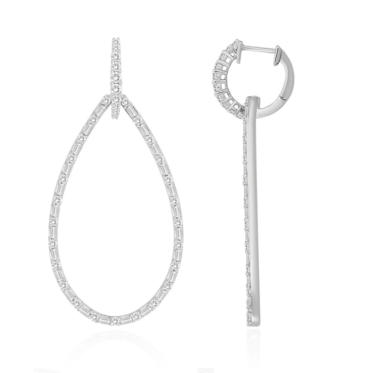 14K WHITE GOLD 1 3/4CT ROUND/BAGUETTE DIAMOND LADIES HOOP EARRINGS