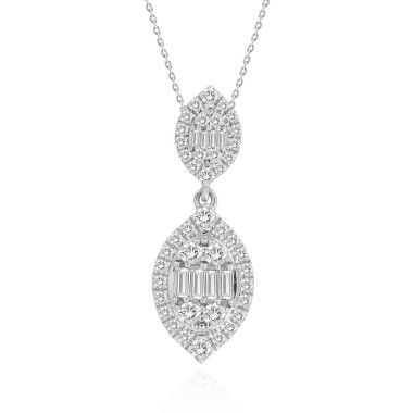 14K WHITE GOLD 1/2CT ROUND/BAGUETTE DIAMOND LADIES PENDANT WITH CHAIN 