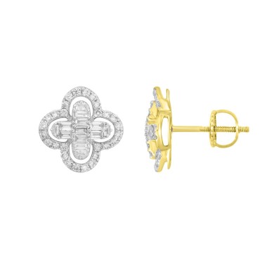 14K YELLOW GOLD 1/2CT ROUND/BAGUETTE DIAMOND LADIES EARRINGS