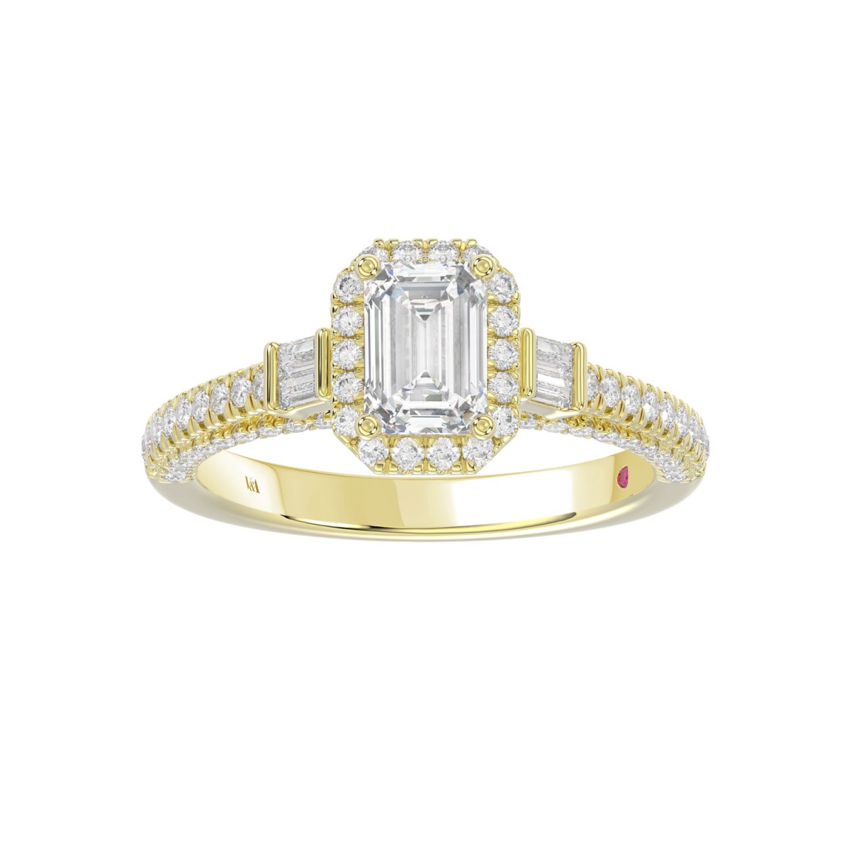 14K YELLOW GOLD 1 3/8CT ROUND/BAGUETTE/EMERALD DIAMOND LADIES RING (CENTER STONE EMERALD DIAMOND 3/4CT)