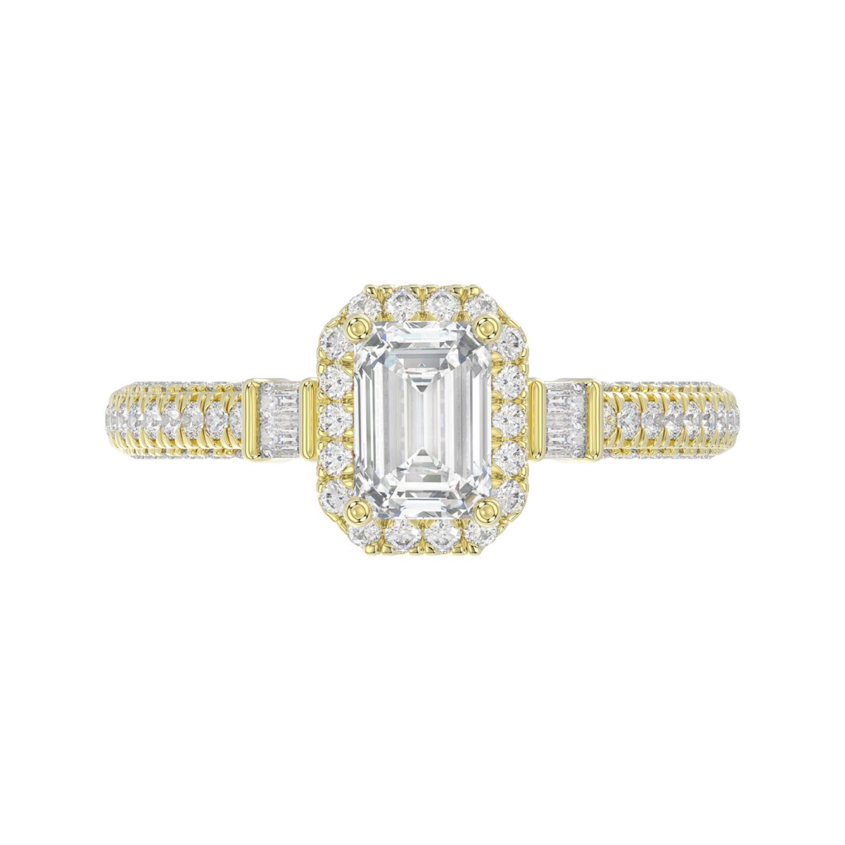 14K YELLOW GOLD 1 3/8CT ROUND/BAGUETTE/EMERALD DIAMOND LADIES RING(CENTER STONE EMERALD DIAMOND 3/4CT)