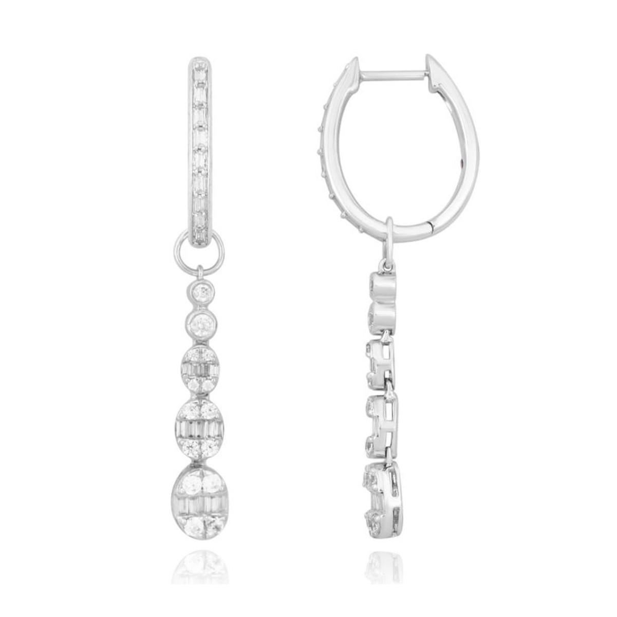 14K WHITE GOLD 7/8CT ROUND/BAGUETTE DIAMOND LADIES HOOPS EARRINGS