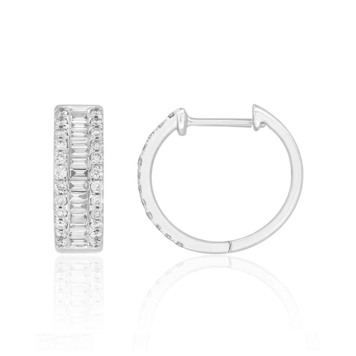 14K WHITE GOLD 3/4CT ROUND/BAGUETTE DIAMOND LADIES HOOPS EARRINGS 