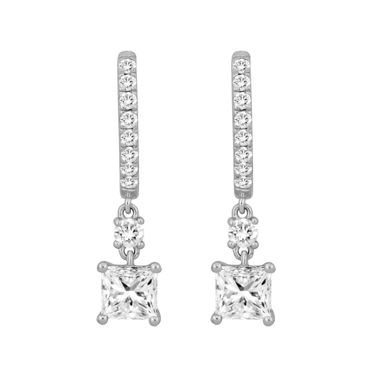 14K WHITE GOLD 1 1/4CT ROUND/PRINCESS DIAMOND LADIES HOOPS EARRINGS