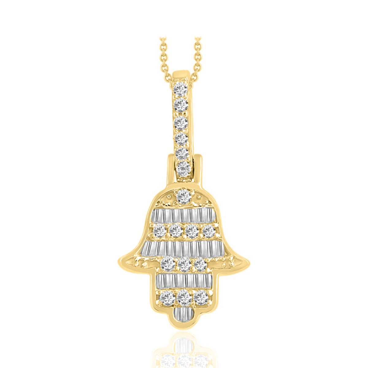 14K YELLOW GOLD 1/5CT ROUND/BAGUETTE DIAMOND LADIES PENDANT WITH CHAIN 