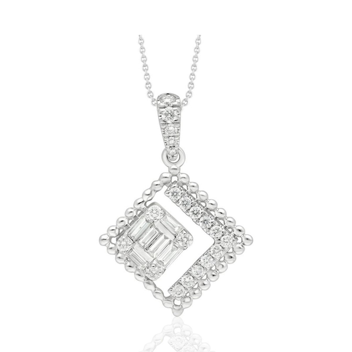 14K WHITE GOLD 1/3CT ROUND/BAGUETTE DIAMOND LADIES PENDANT WITH CHAIN  