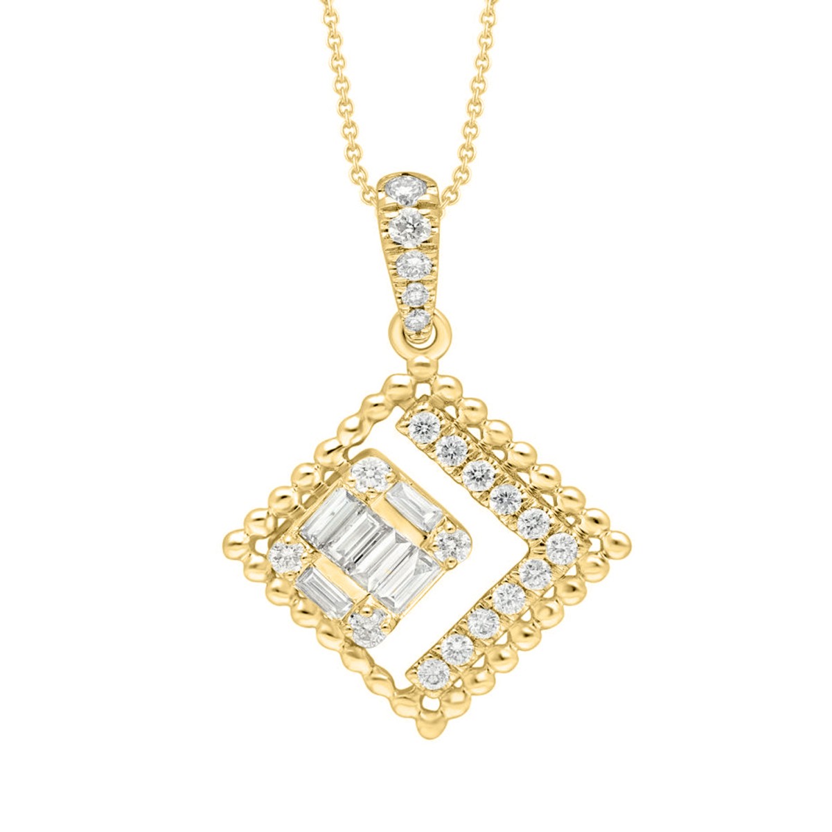 14K YELLOW GOLD 1/3CT ROUND/BAGUETTE DIAMOND LADIES PENDANT WITH CHAIN  