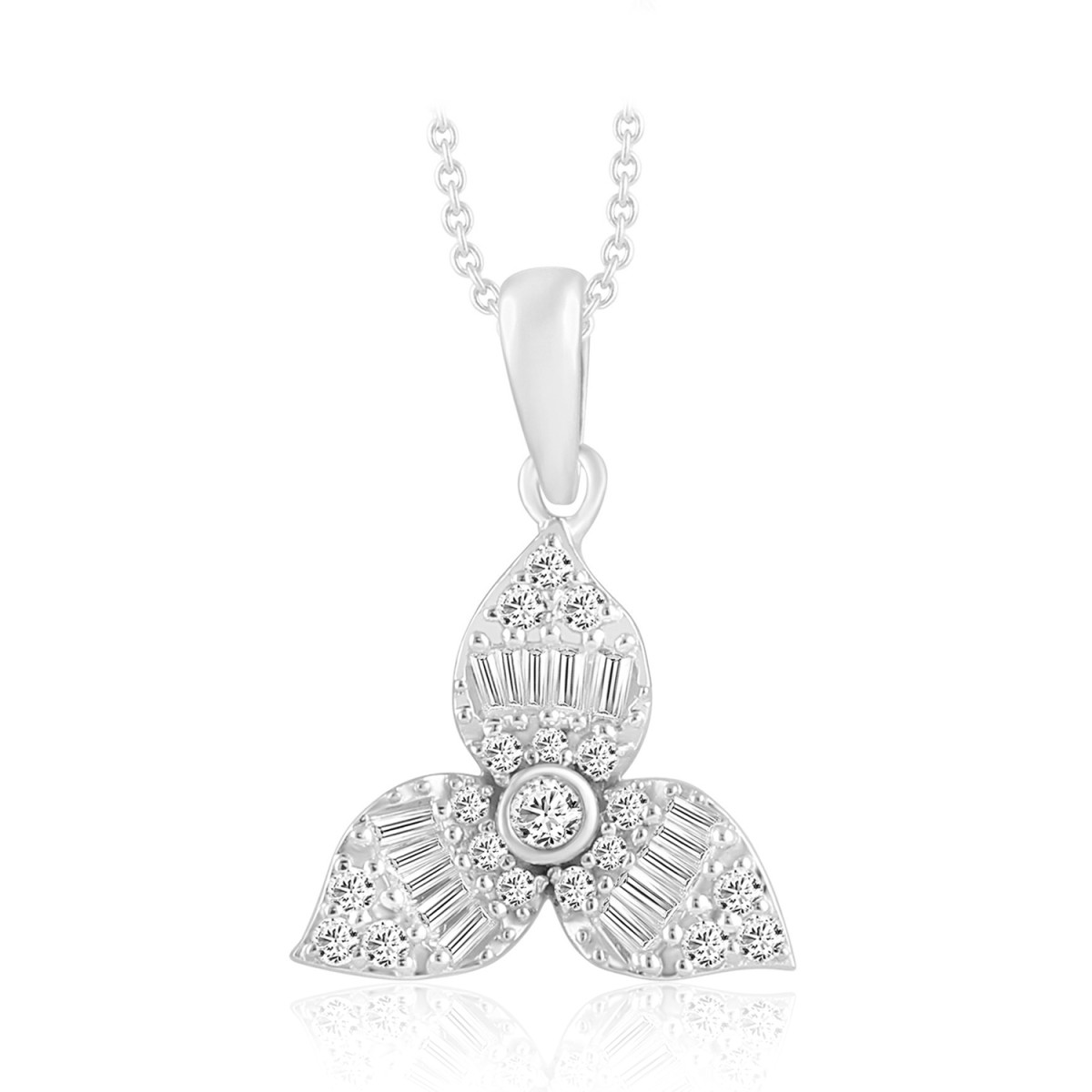 14K WHITE GOLD 1/4CT ROUND/BAGUETTE DIAMOND LADIES PENDANT WITH CHAIN 