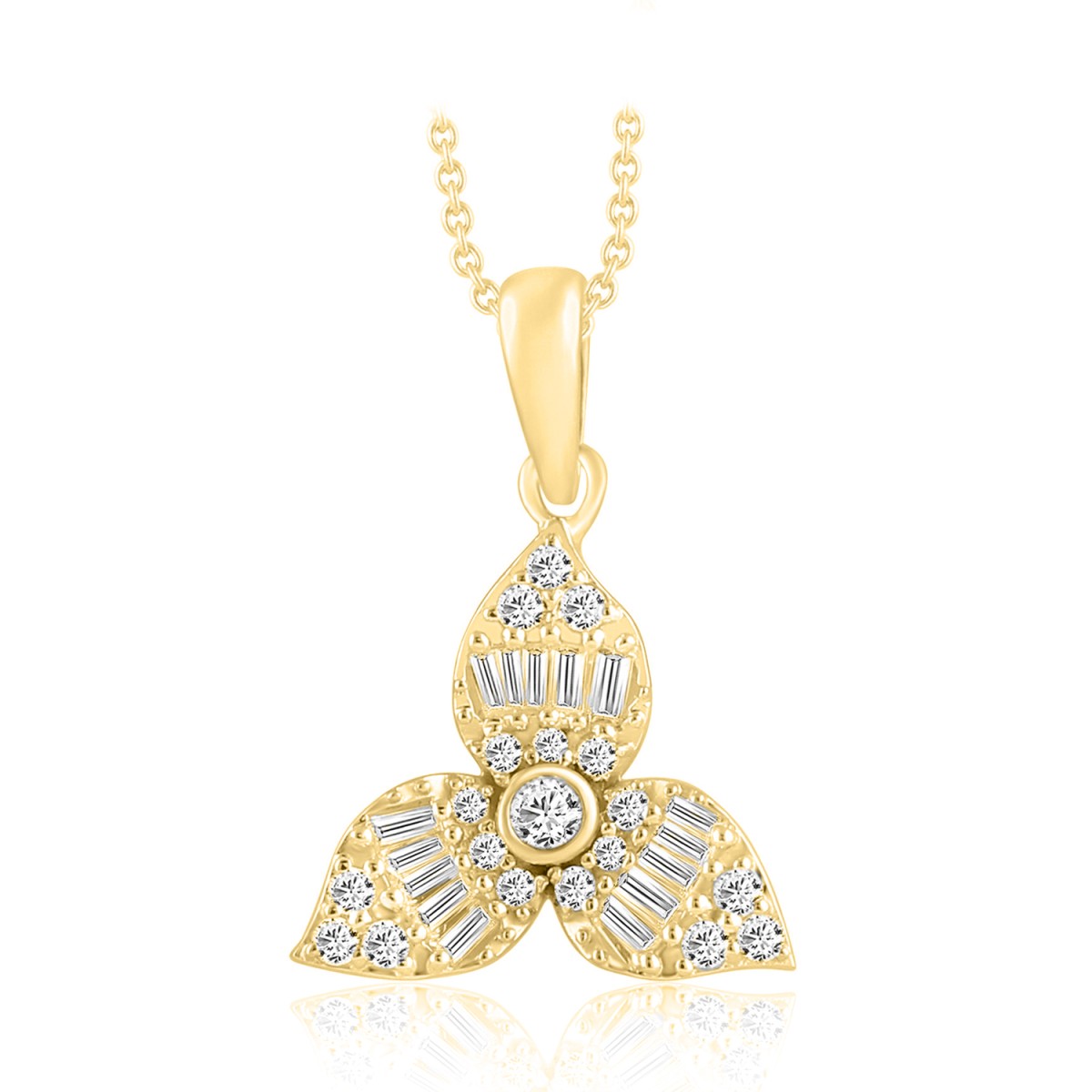 14K YELLOW GOLD 1/4CT ROUND/BAGUETTE DIAMOND LADIES PENDANT WITH CHAIN 