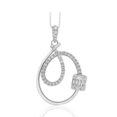 14K WHITE GOLD 3/8CT ROUND/BAGUETTE DIAMOND LADIES PENDANT WITH CHAIN 
