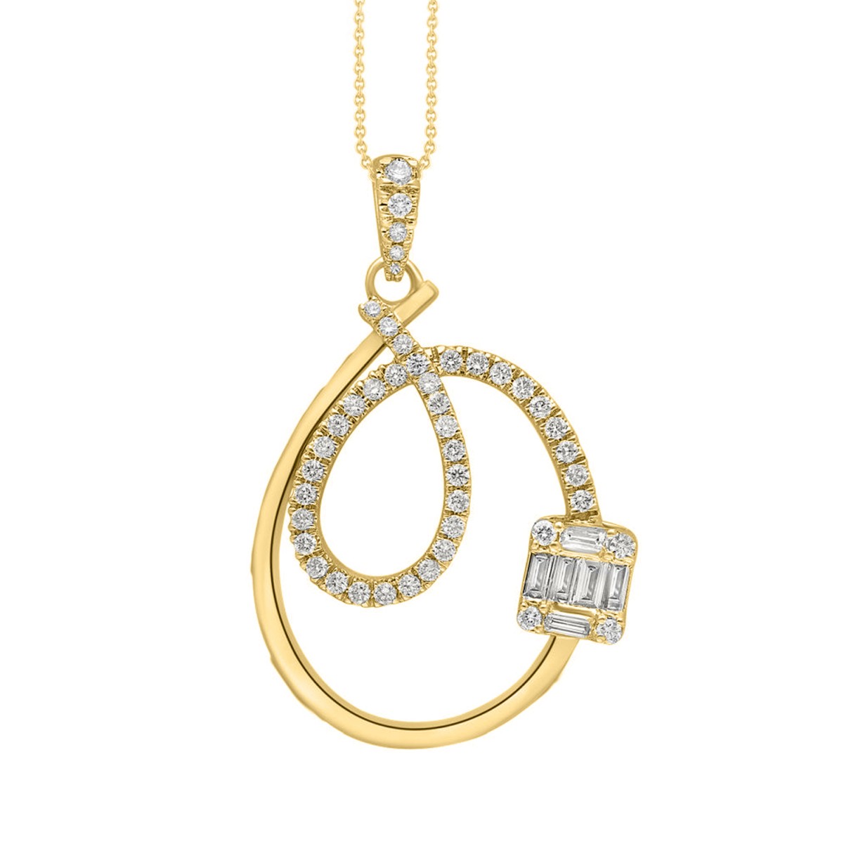 14K YELLOW GOLD 3/8CT ROUND/BAGUETTE DIAMOND LADIES PENDANT WITH CHAIN 