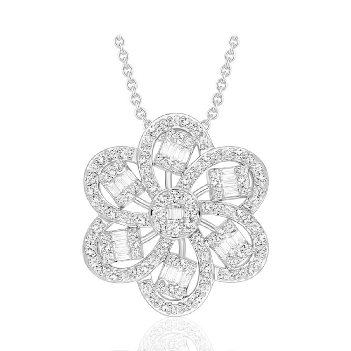 14K WHITE GOLD 1CT ROUND/BAGUETTE DIAMOND LADIES PENDANT WITH CHAIN  