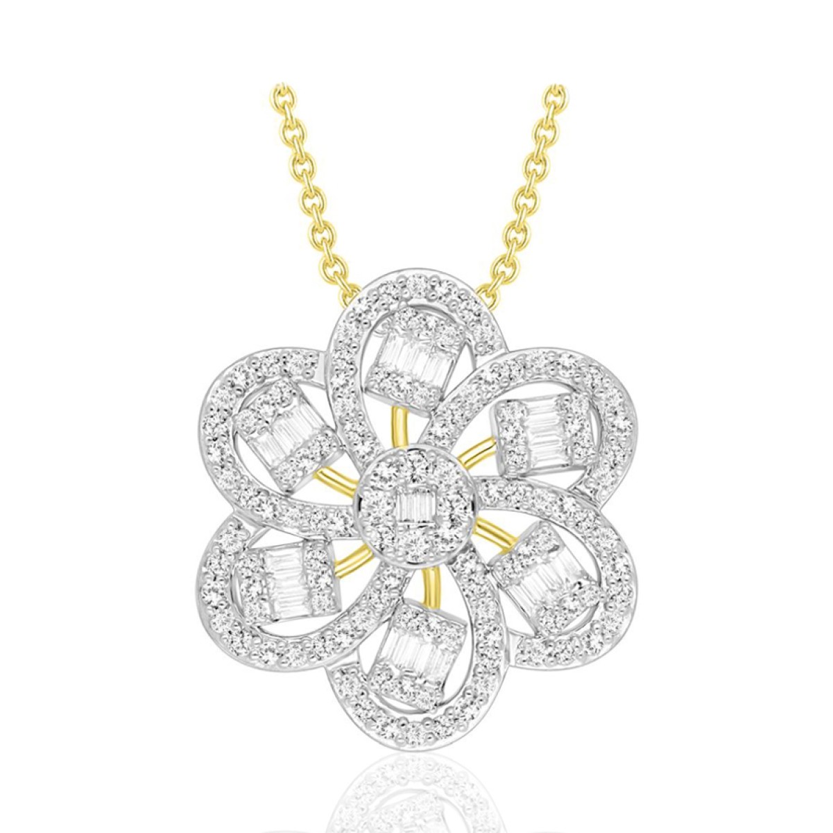14K YELLOW GOLD 1CT ROUND/BAGUETTE DIAMOND LADIES PENDANT WITH CHAIN  