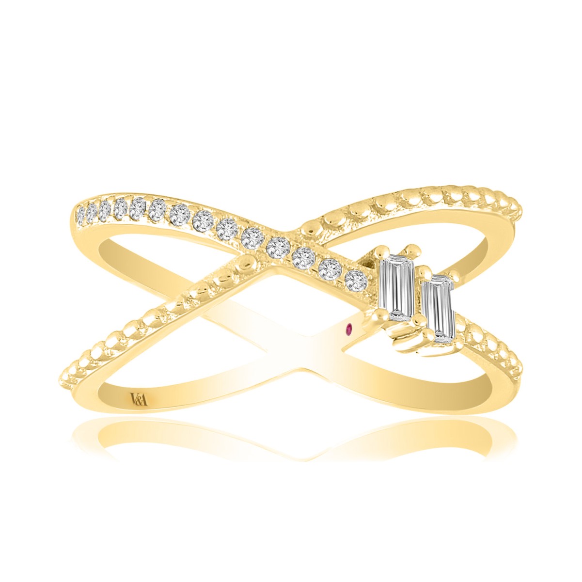 14K YELLOW GOLD 1/5CT ROUND/BAGUETTE DIAMOND LADIES FASHION RING