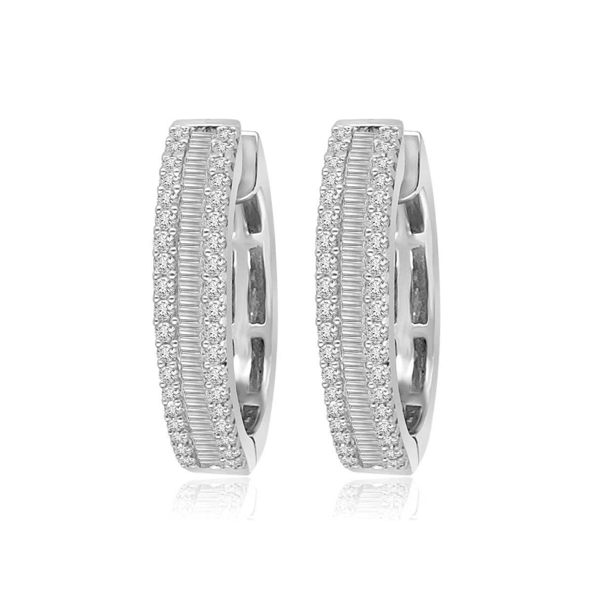 14K WHITE GOLD 1/2CT ROUND/BAGUETTE DIAMOND LADIES HOOPS EARRINGS 