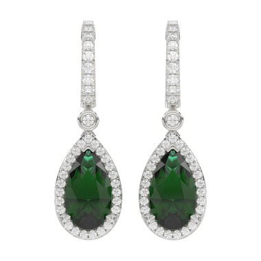 18K WHITE GOLD  6CT ROUND/PEAR DIAMOND LADIES HOOPS EARRINGS(COLOR STONE PEAR GREEN EMERALD DIAMOND 2 3/4CT)