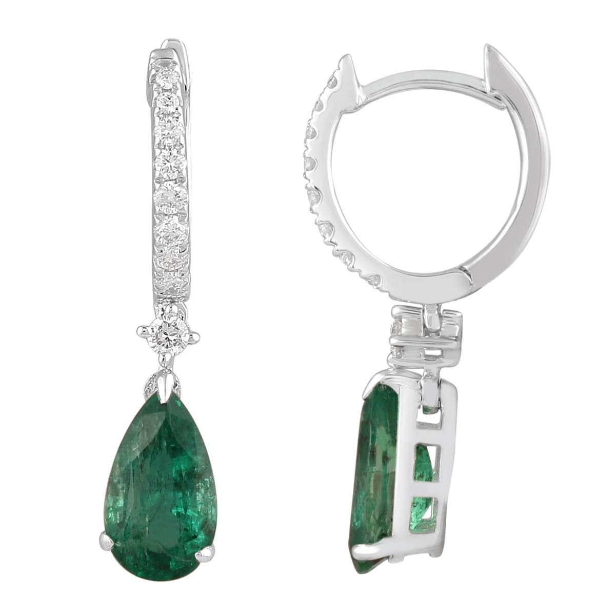 14K WHITE GOLD 2 1/3CT ROUND/PEAR DIAMOND LADIES HOOPS EARRINGS(COLOR STONE PEAR GREEN EMERALD DIAMOND 1CT)