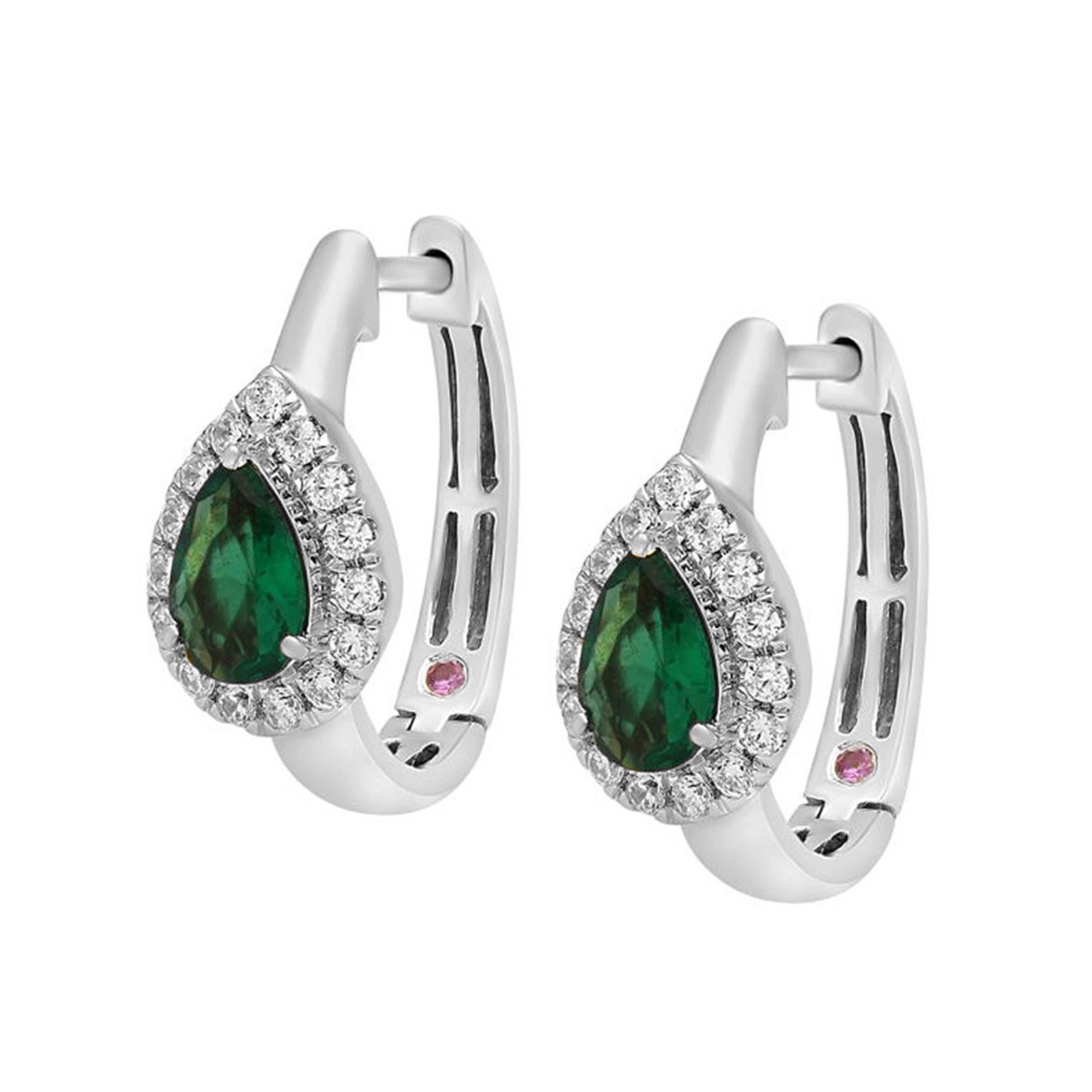 14K WHITE GOLD 1CT ROUND/PEAR DIAMOND LADIES HOOPS EARRINGS(COLOR STONE PEAR GREEN EMERALD DIAMOND 3/4CT)