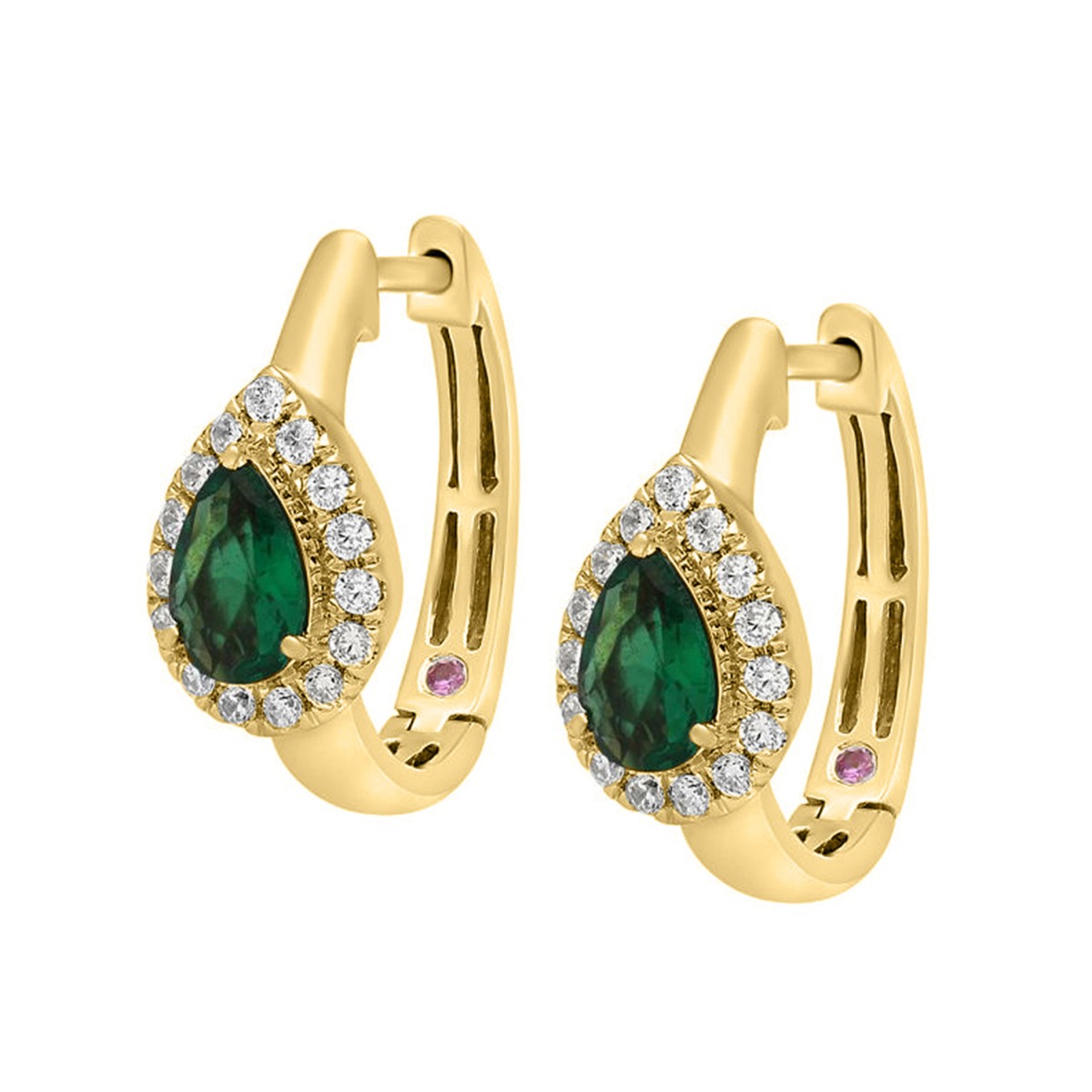 14K YELLOW GOLD 1CT ROUND/PEAR DIAMOND LADIES HOOPS EARRINGS(COLOR STONE PEAR GREEN EMERALD DIAMOND 3/4CT)