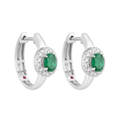 14K WHITE GOLD 1 1/4CT ROUND/OVAL DIAMOND LADIES HOOPS EARRINGS(COLOR STONE OVAL GREEN EMERALD DIAMOND 1/2CT)