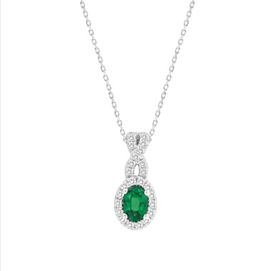 14K WHITE GOLD 3/4CT ROUND/OVAL DIAMOND LADIES PENDANT WITH CHAIN(COLOR STONE OVAL GREEN EMERALD DIAMOND 1/2CT)