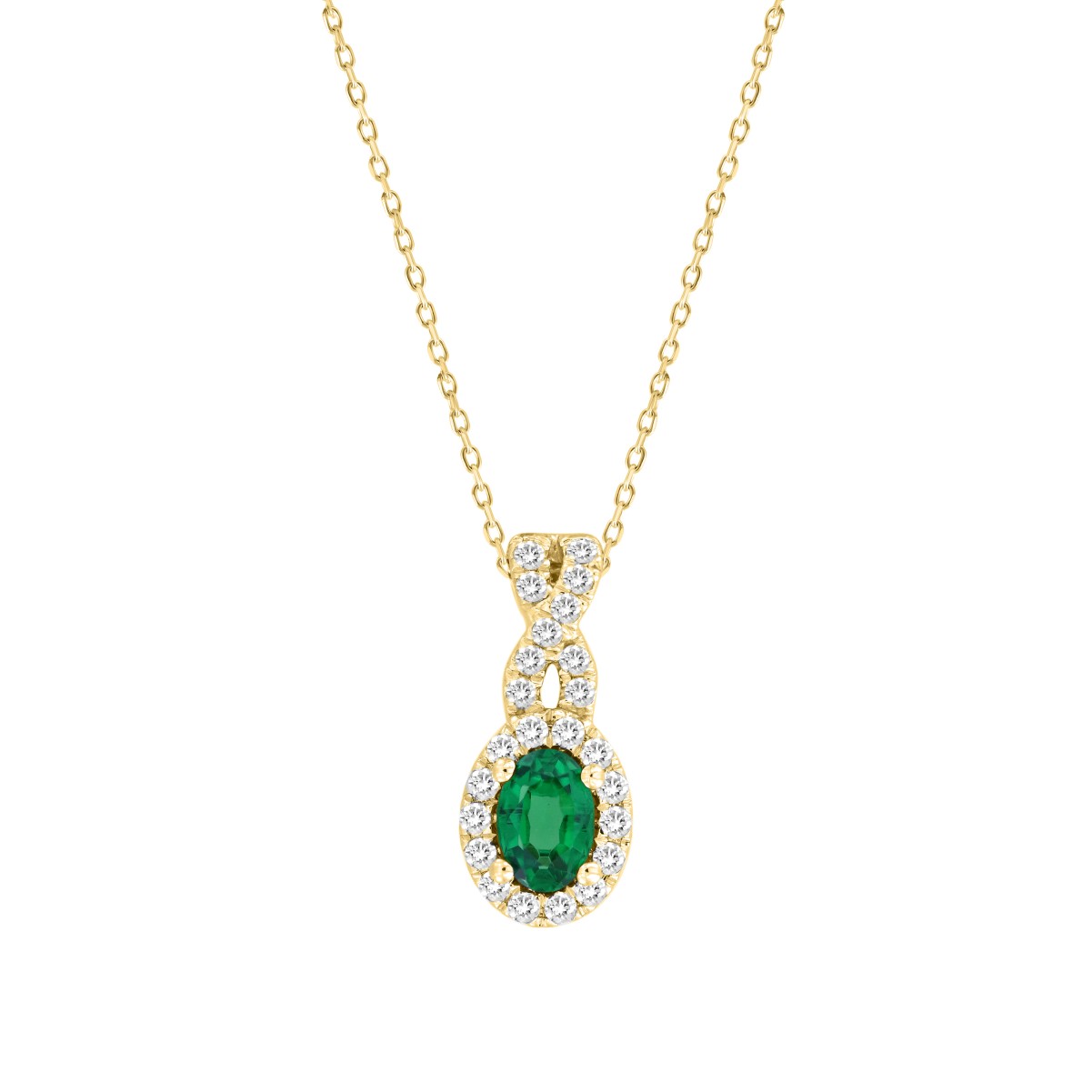 14K YELLOW GOLD 3/4CT ROUND/OVAL DIAMOND LADIES PENDANT WITH CHAIN(COLOR STONE OVAL GREEN EMERALD DIAMOND 1/2CT)