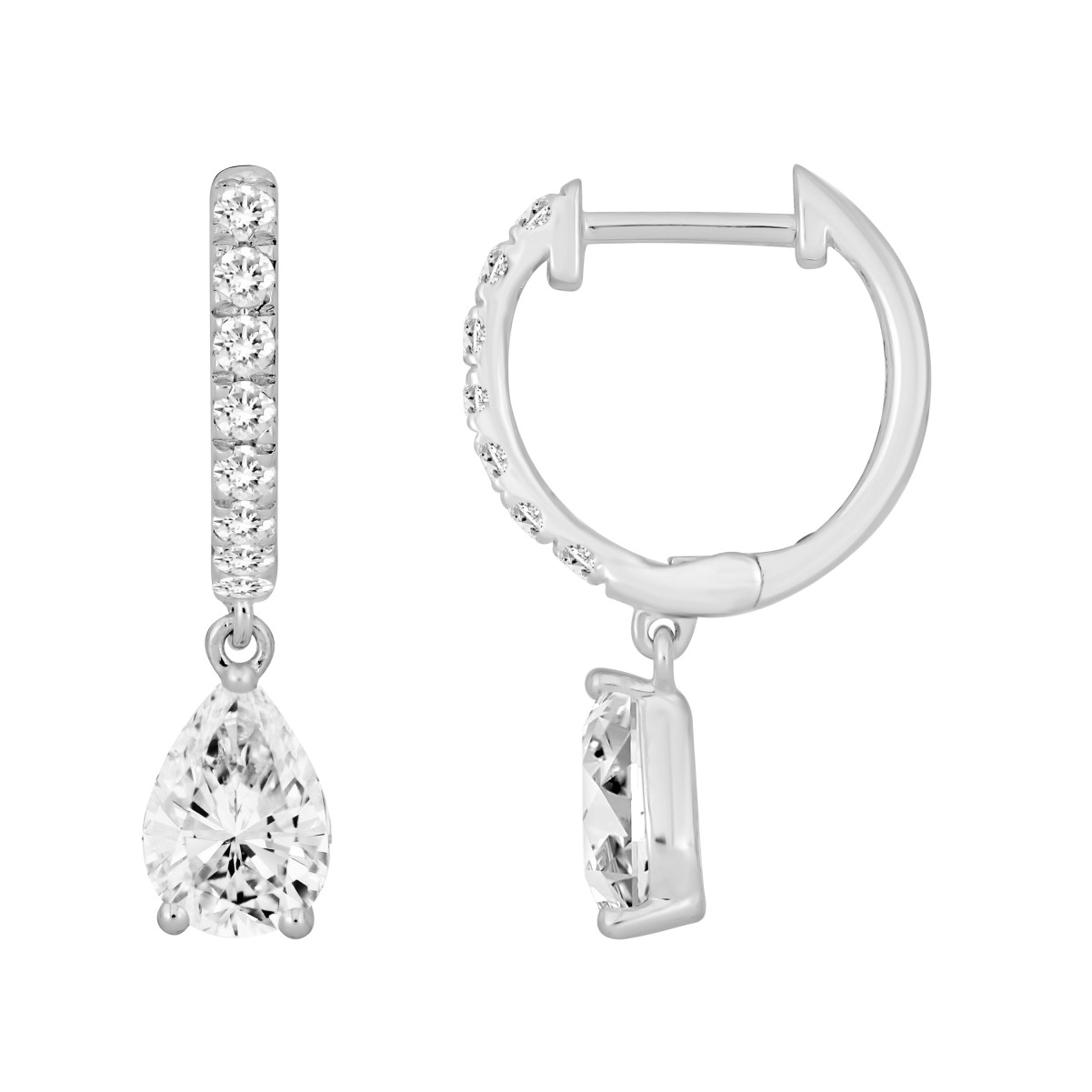 14K WHITE GOLD 1 1/4CT ROUND/PEAR DIAMOND LADIES HOOPS EARRINGS