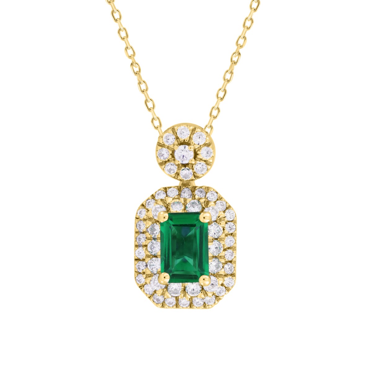 14K YELLOW GOLD 7/8CT ROUND/EMERALD DIAMOND LADIES PENDANT WITH CHAIN(COLOR STONE GREEN EMERALD DIAMOND 1/2CT)