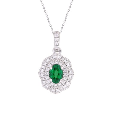 14K WHITE GOLD 3/4CT ROUND/OVAL DIAMOND LADIES PENDANT WITH CHAIN(COLOR STONE OVAL GREEN EMERALD DIAMOND 3/8CT)