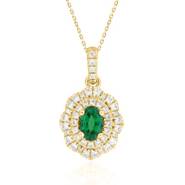 14K YELLOW GOLD 3/4CT ROUND/OVAL DIAMOND LADIES PENDANT WITH CHAIN(COLOR STONE OVAL GREEN EMERALD DIAMOND 3/8CT)