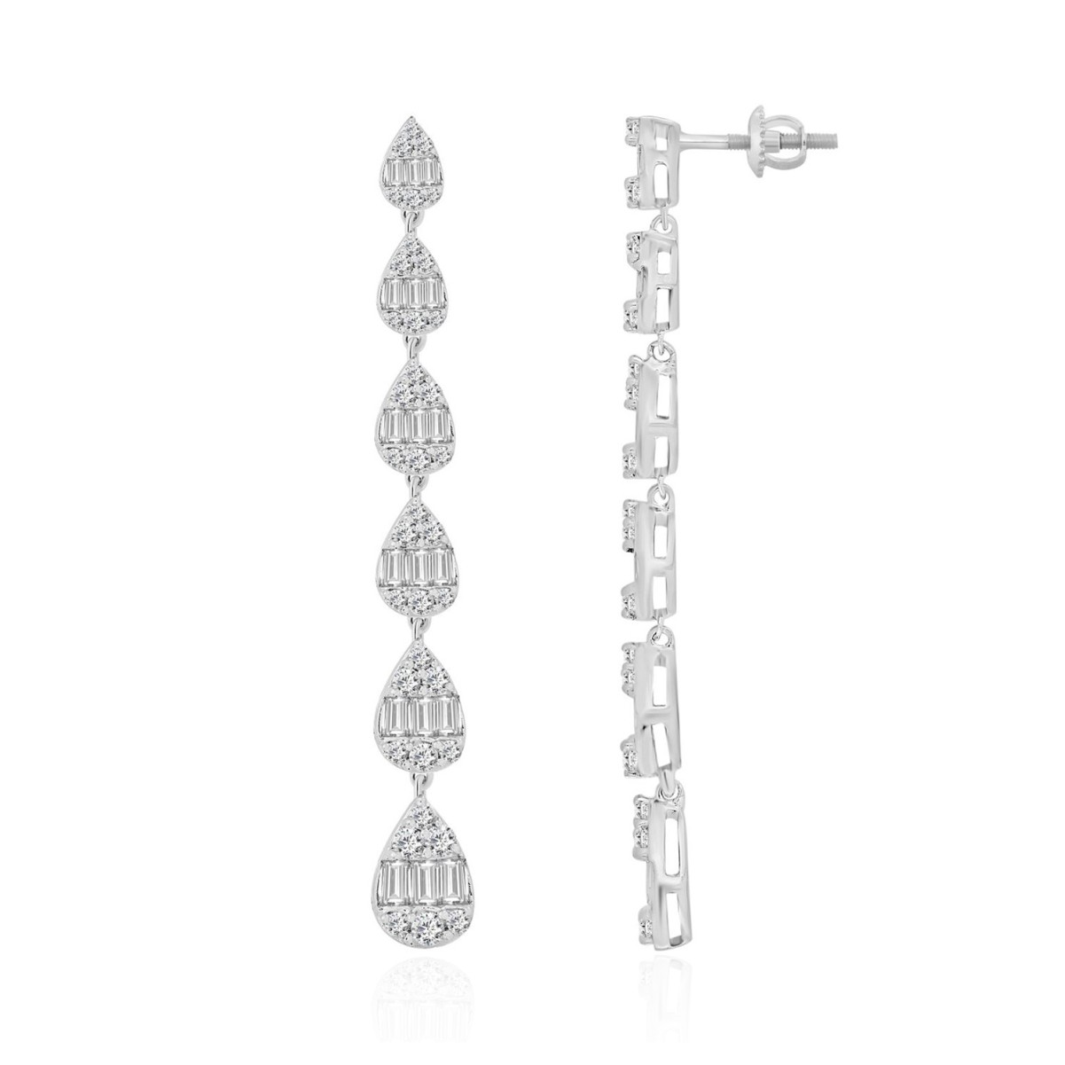 14K WHITE GOLD 1 1/5CT ROUND/BAGUETTE DIAMOND LADIES EARRINGS