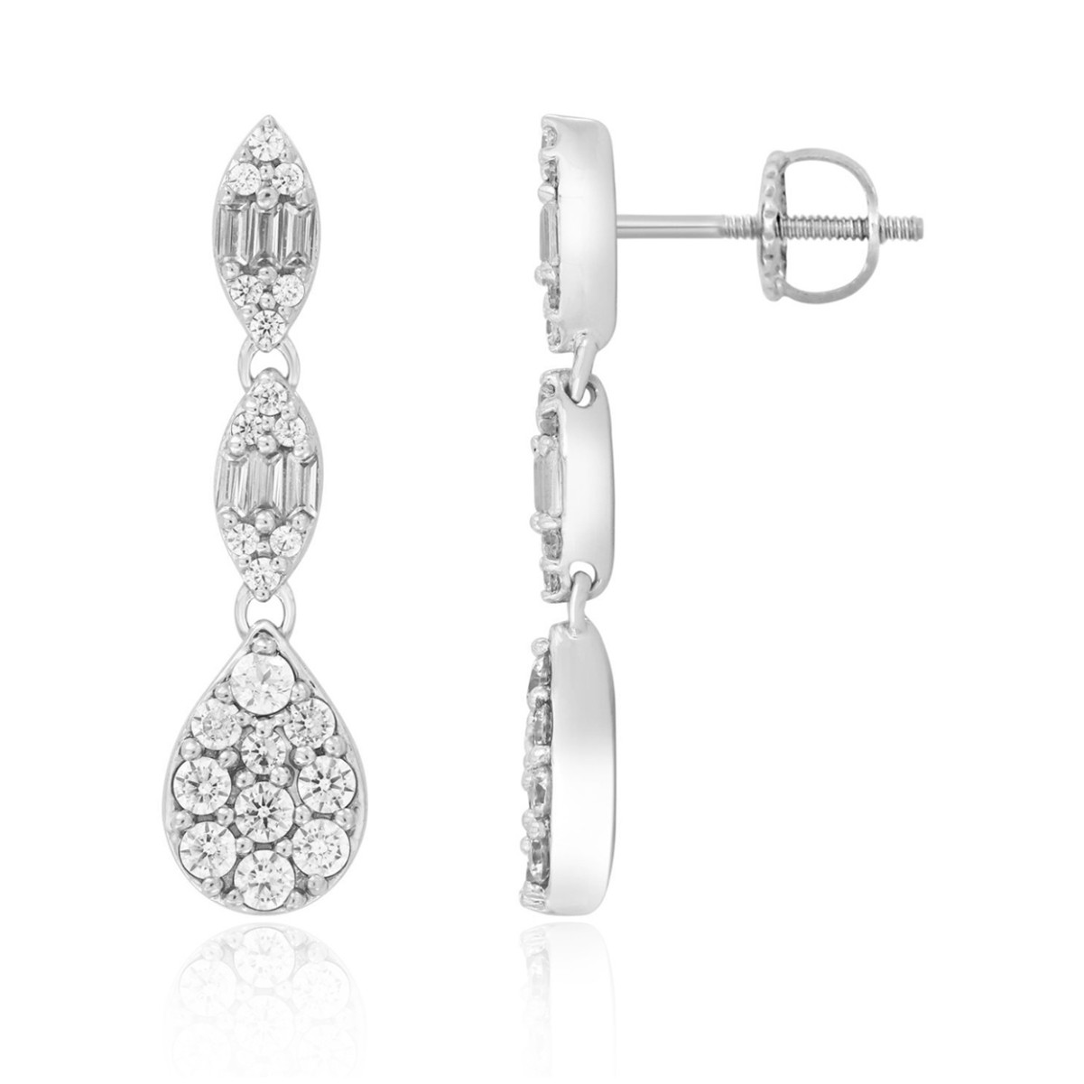 14K WHITE GOLD 7/8CT ROUND/BAGUETTE DIAMOND LADIES EARRINGS