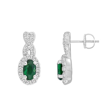14K WHITE GOLD 7/8CT ROUND/OVAL DIAMOND LADIES EARRINGS(COLOR STONE OVAL GREEN EMERALD DIAMOND 1/2CT)