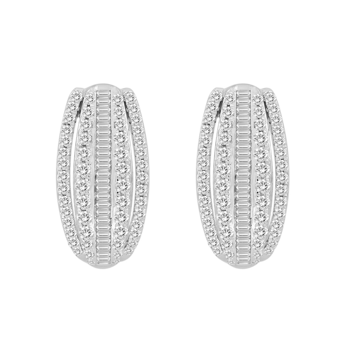 14K WHITE GOLD 1CT ROUND/BAGUETTE DIAMOND LADIES HOOPS EARRINGS 