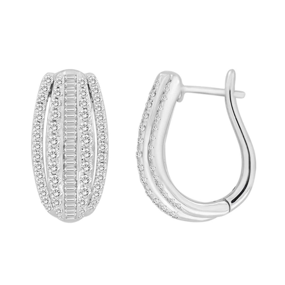 14K WHITE GOLD 1CT ROUND/BAGUETTE DIAMOND LADIES HOOPS EARRINGS 