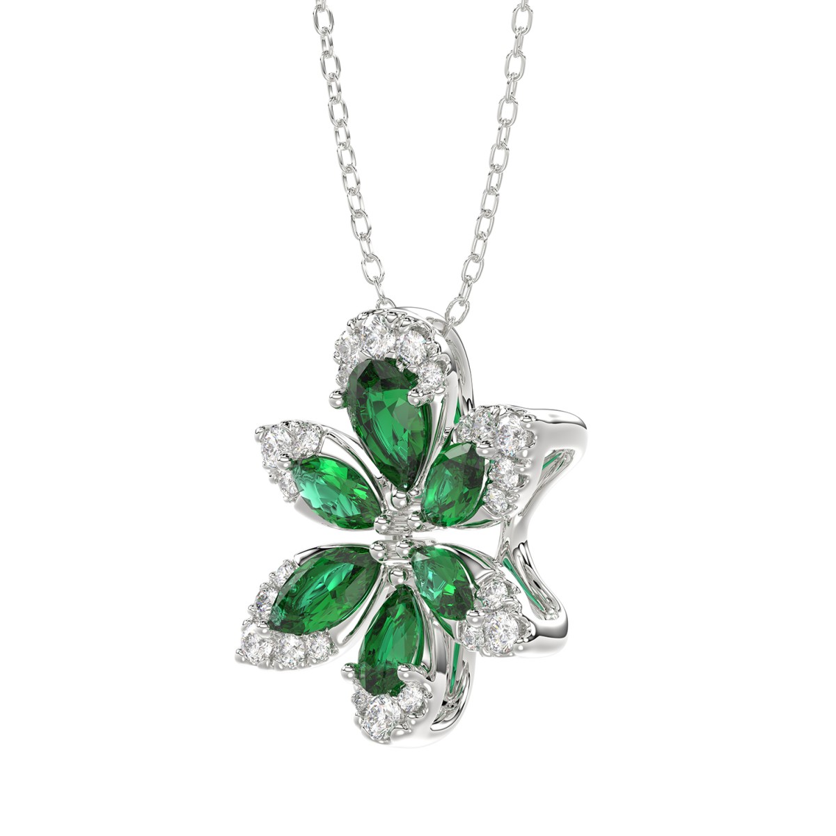 14K WHITE GOLD 1 1/3CT ROUND/PEAR/MARQUISE DIAMOND LADIES PENDANT WITH CHAIN(COLOR STONE PEAR GREEN EMERALD/MARQUISE DIAMOND 1/6CT)