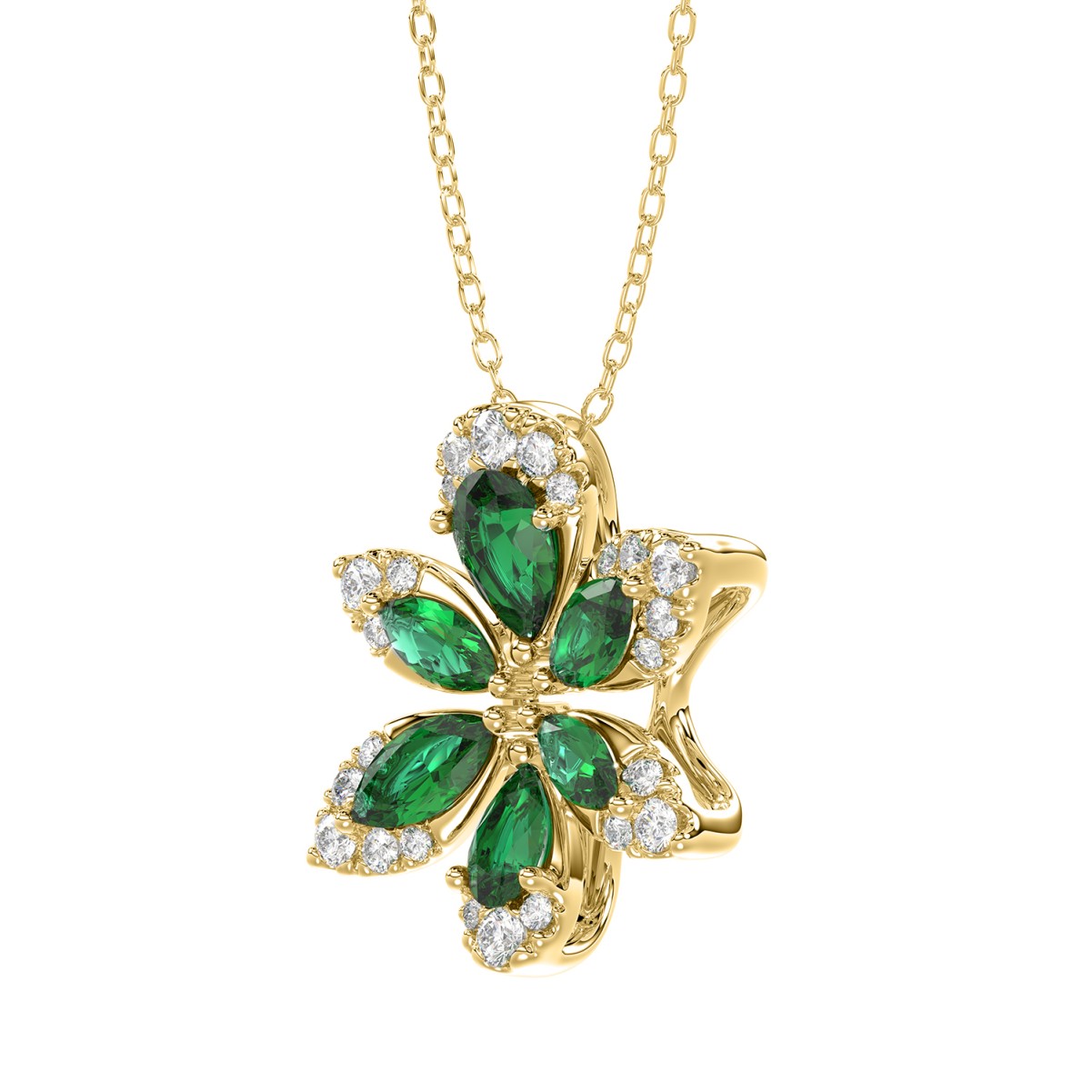 14K YELLOW GOLD 1 1/3CT ROUND/PEAR/MARQUISE DIAMOND LADIES PENDANT WITH CHAIN(COLOR STONE PEAR GREEN EMERALD/MARQUISE DIAMOND 1/6CT)