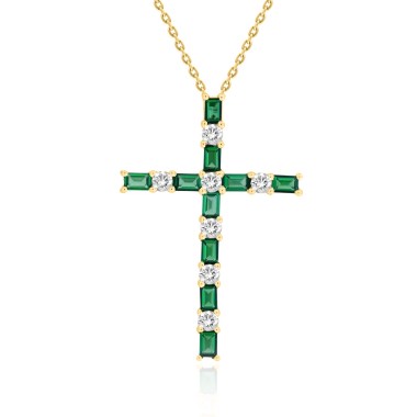 14K YELLOW GOLD 1/6CT ROUND/BAGUETTE DIAMOND LADIES PENDANT WITH CHAIN(COLOR STONE BAGUETTE GREEN EMERALD DIAMOND 1/6CT)