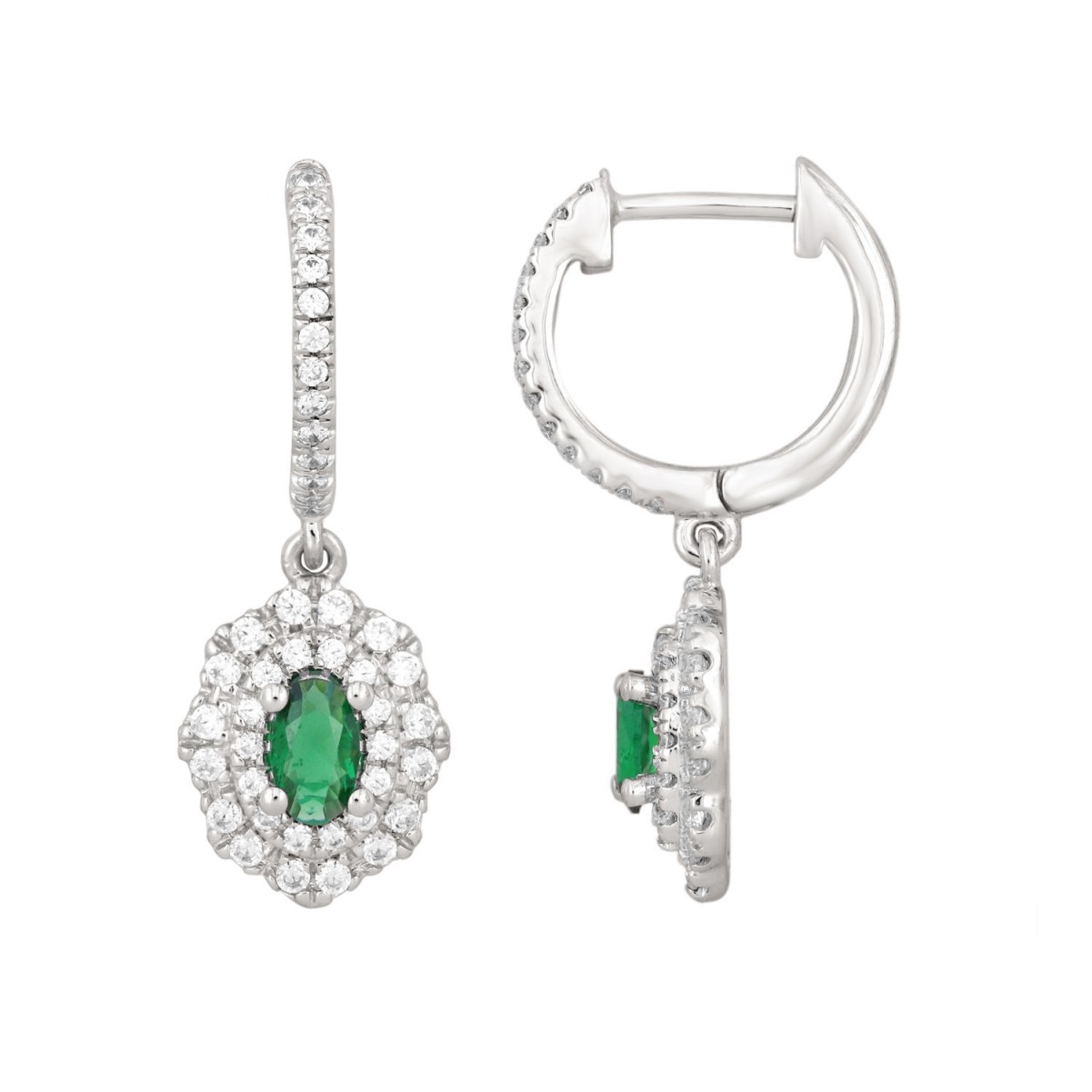 14K WHITE GOLD 1CT ROUND/OVAL DIAMOND LADIES HOOPS EARRINGS(COLOR STONE OVAL GREEN EMERALD DIAMOND 1/2CT)