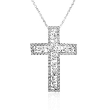 14K WHITE GOLD 1CT ROUND/BAGUETTE DIAMOND LADIES PENDANT WITH CHAIN  