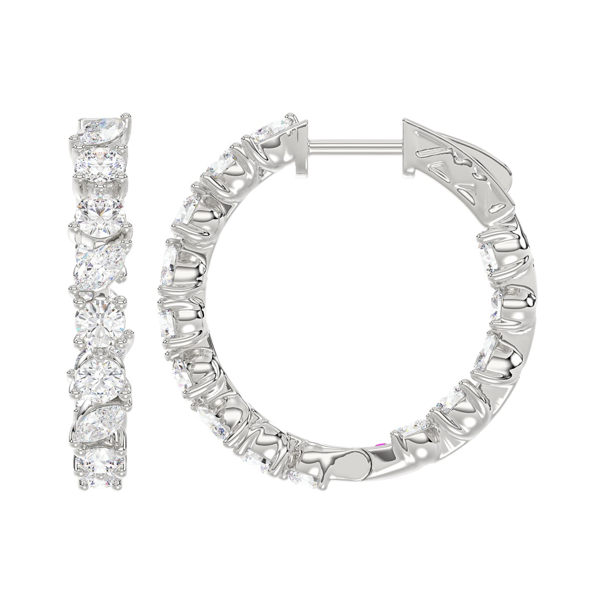 14K WHITE GOLD 2CT ROUND/MARQUISE DIAMOND LADIES HOOP EARRINGS