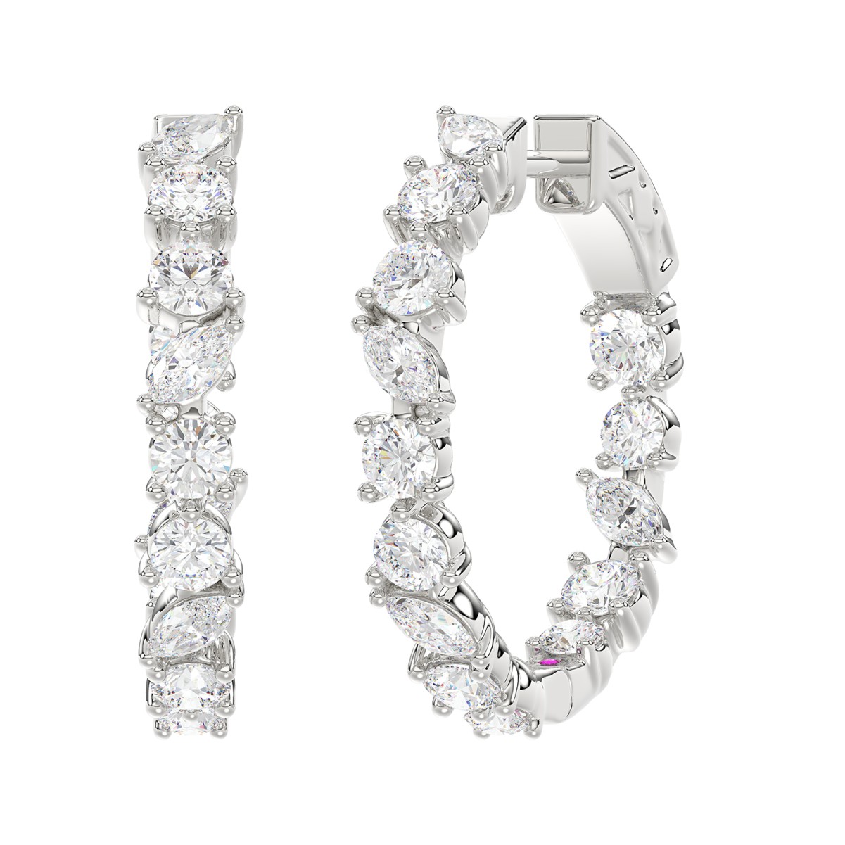 14K WHITE GOLD 2CT ROUND/MARQUISE DIAMOND LADIES HOOP EARRINGS