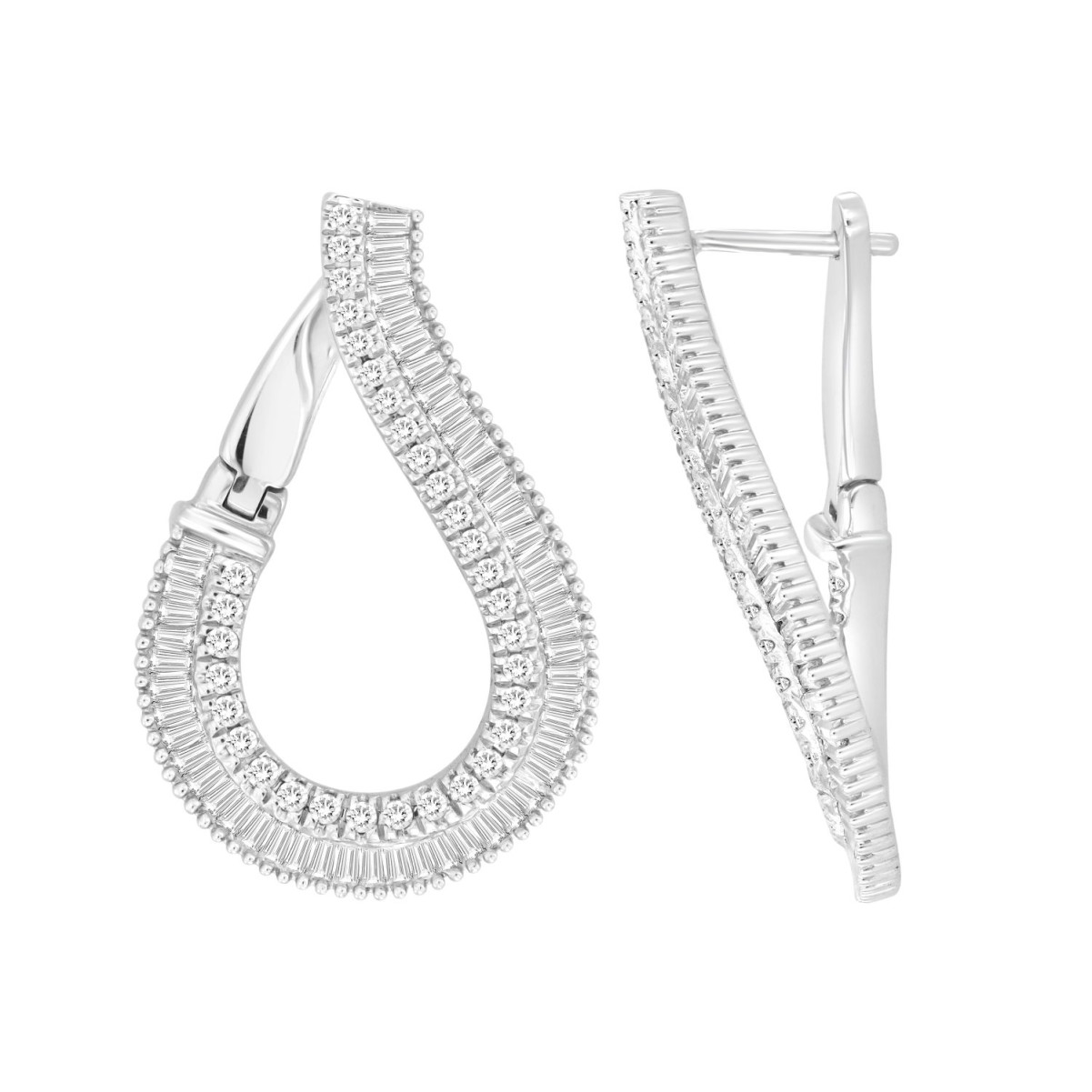 14K WHITE GOLD 1 1/2CT ROUND/BAGUETTE DIAMOND LADIES EARRINGS