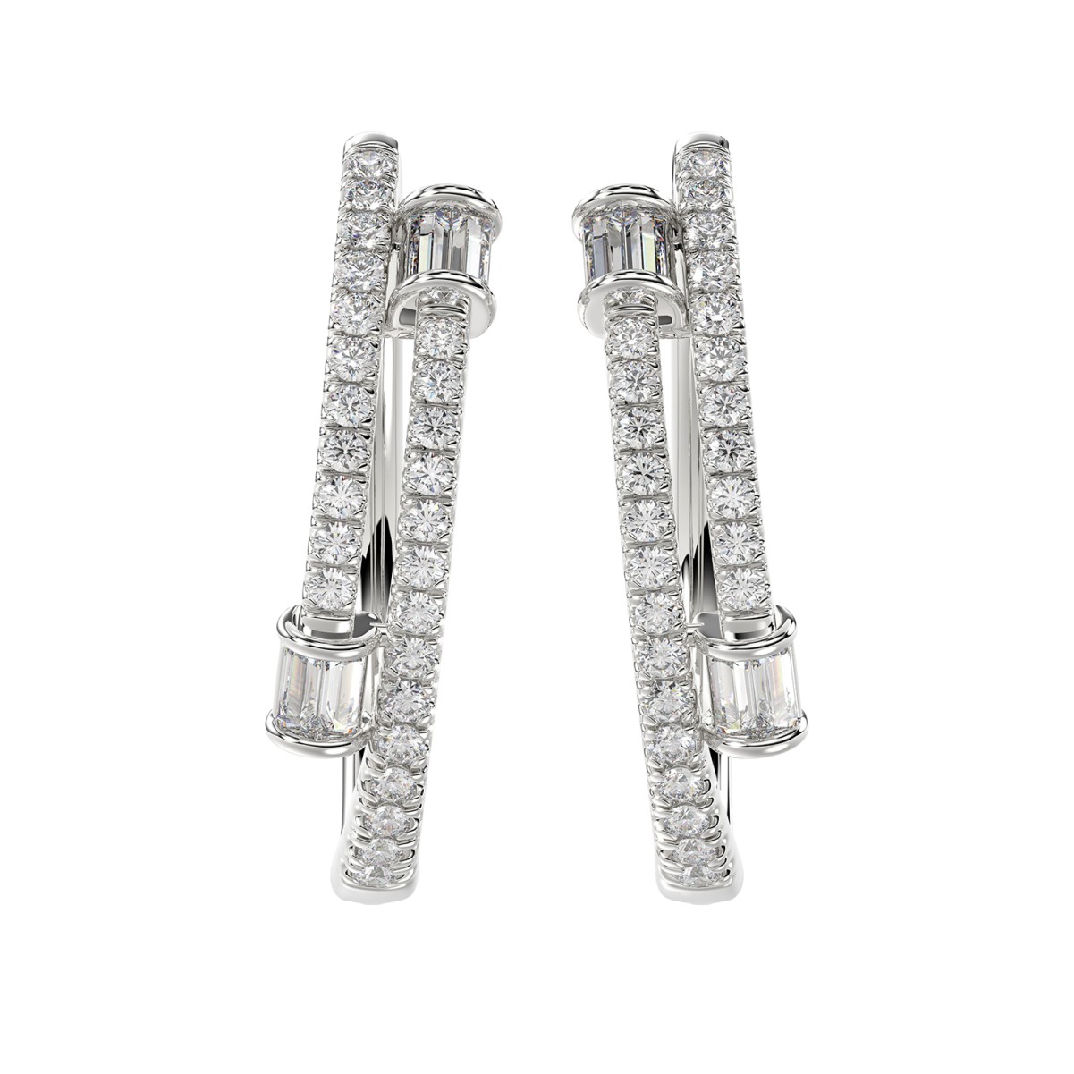 14K WHITE GOLD 3/4CT ROUND/BAGUETTE DIAMOND LADIES HOOPS EARRINGS 