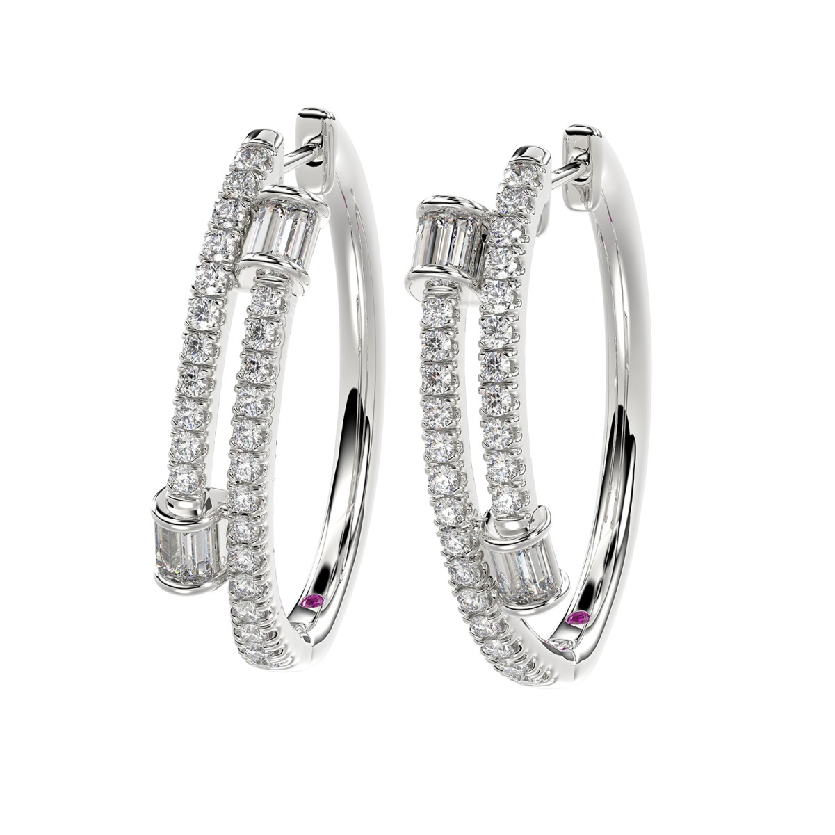 14K WHITE GOLD 3/4CT ROUND/BAGUETTE DIAMOND LADIES HOOPS EARRINGS 