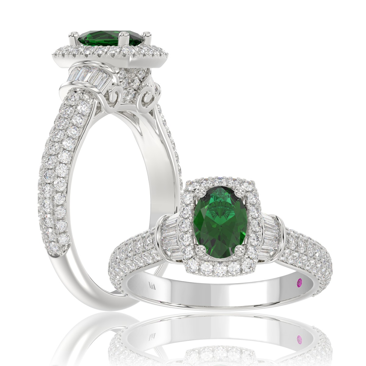 14K WHITE GOLD 1 1/2CT ROUND/BAGUETTE/OVAL DIAMOND LADIES FASHION RING(COLOR STONE OVAL GREEN EMERALD DIAMOND 3/4CT)