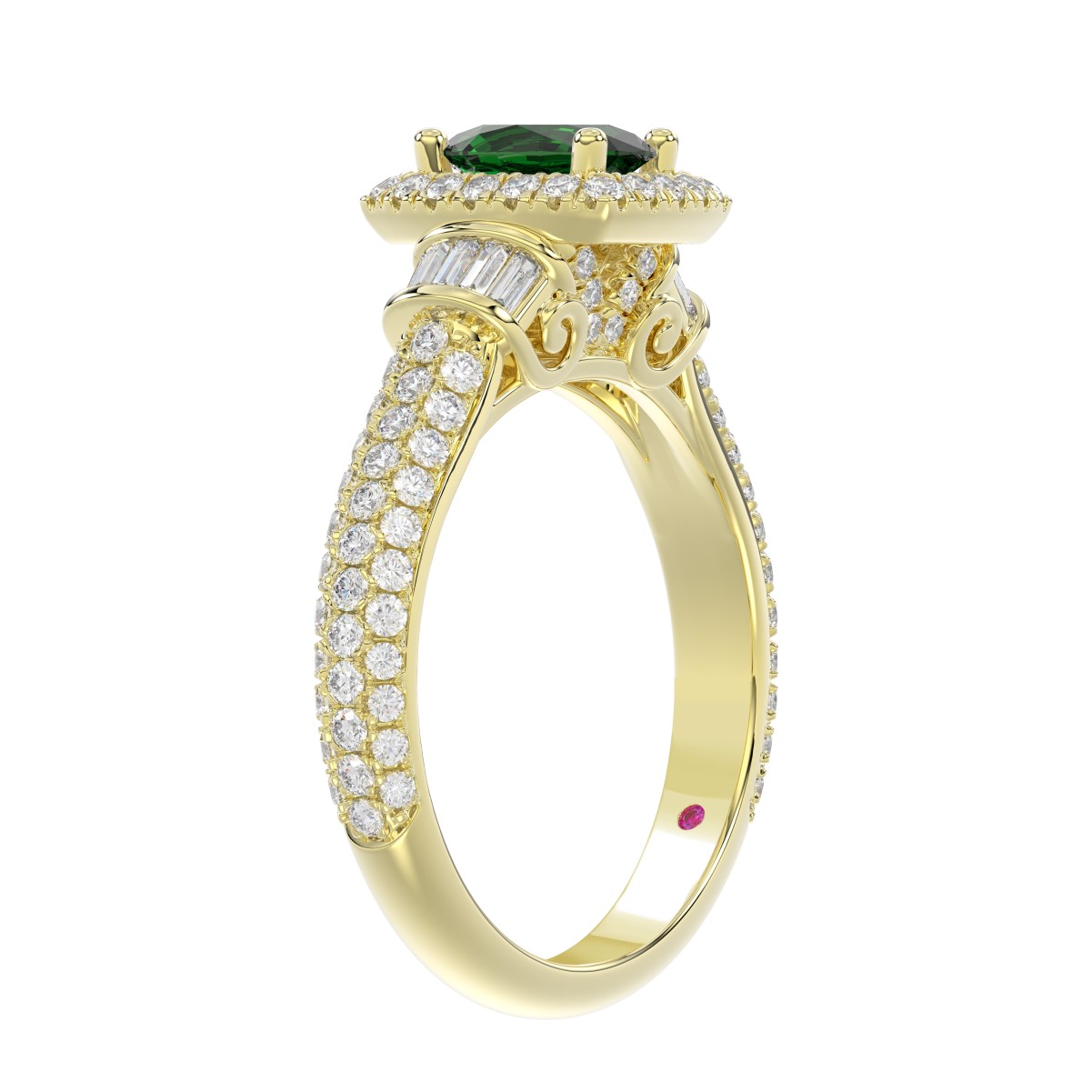 14K YELLOW GOLD 1 1/2CT ROUND/BAGUETTE/OVAL DIAMOND LADIES FASHION RING(COLOR STONE OVAL GREEN EMERALD DIAMOND 3/4CT)