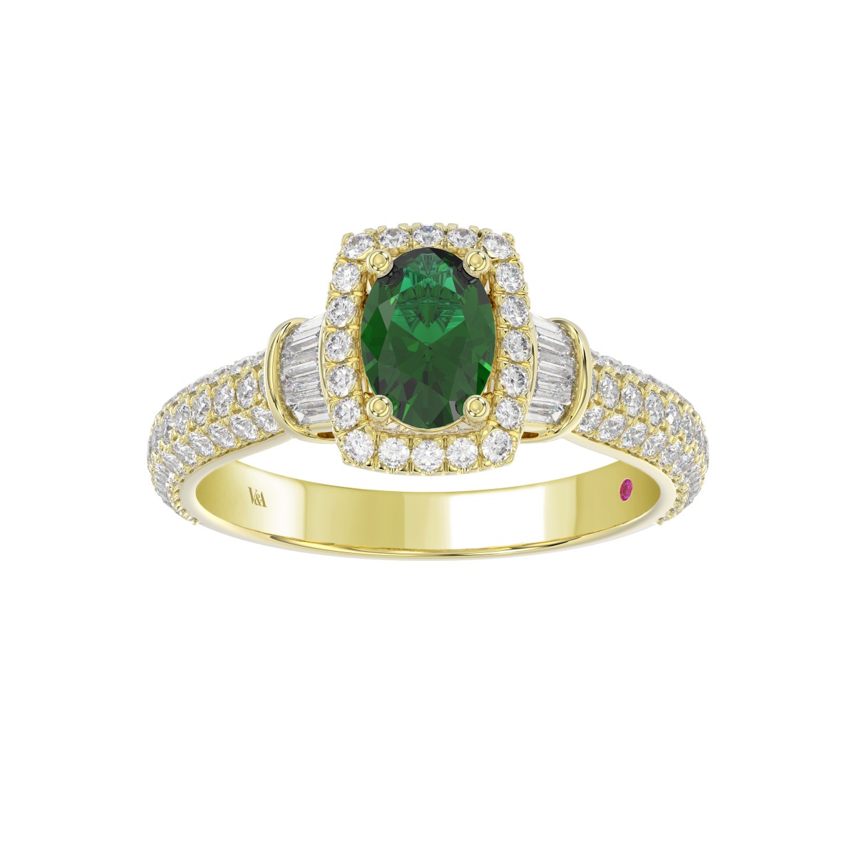 14K YELLOW GOLD 1 1/2CT ROUND/BAGUETTE/OVAL DIAMOND LADIES FASHION RING(COLOR STONE OVAL GREEN EMERALD DIAMOND 3/4CT)